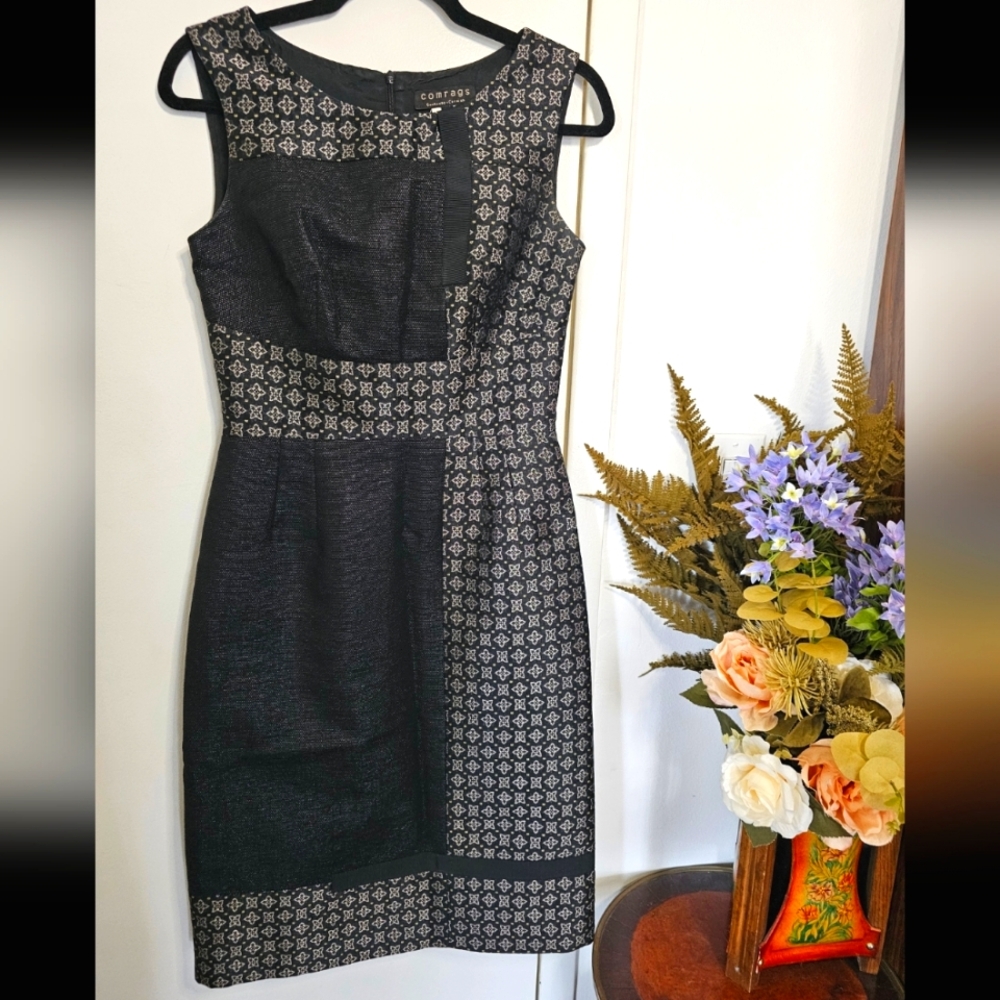 Comrags XS Silver Black Tailored Patterned Shift Pencil Dress